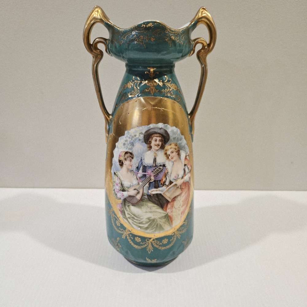 Antique Prov Saxe ES Germany Teal Gold Portrait Vase Double Sided